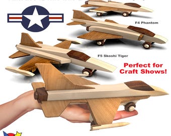 May include: Wooden toy airplane plans and patterns for building Vietnam fighter planes. The plans include the F-16 Fighting Falcon, F-4 Phantom, and F-5 Skoshi Tiger. The planes are 3-1/2 inches tall, 6 inches wide, and 9 inches long.