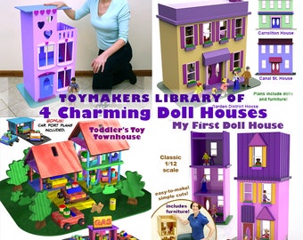 Puede incluir: Una colección de cuatro planos de casas de muñecas, que incluye un conjunto de tres casas con temática de Nueva Orleans, una casa de muñecas clásica, una casa de juegos para niños pequeños y una casa de muñecas fácil de construir para muñecas de 30 cm. Los planos incluyen muebles y forman parte de una biblioteca de casas de muñecas encantadoras de Toymakers.