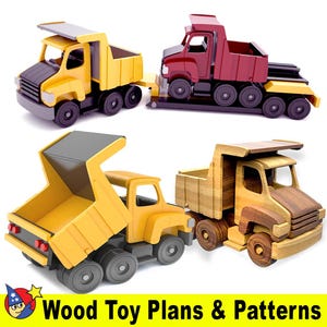 Puede incluir: Cuatro camiones de juguete de madera en tonos amarillo, rojo y madera natural. Los camiones tienen detalles como ruedas, cabinas y cajas de carga. La imagen incluye el texto "Wood Toy Plans & Patterns".