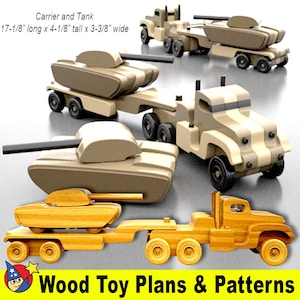Peut inclure: Plans et patrons de jouets en bois pour un transporteur et un char. Le transporteur est un camion avec une remorque à plateau. Le char est un véhicule militaire avec un canon. Les plans mesurent 43,5 cm de long, 10,5 cm de haut et 8,6 cm de large.