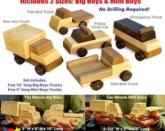 May include: Ten 10-minute 2x4 truck toy plans and patterns. Includes five 10-inch long Big Boy trucks and five 5-inch long Mini Boy trucks. The plans include a box van truck, flatbed truck, police chief car, side bed truck, and emergency truck. No drilling is required.