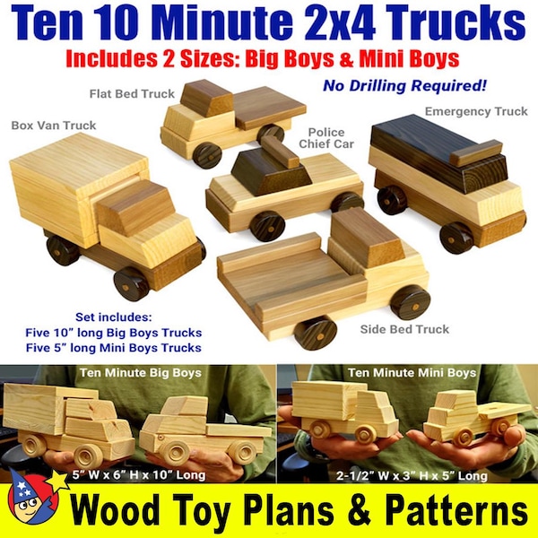 Ten 10 Minute 2x4 Trucks Wood Toy Plans & Patterns (PDF Download)