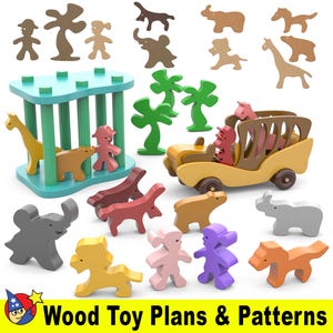 May include: A set of wooden toy plans and patterns featuring a variety of animals, including elephants, giraffes, lions, and zebras. The plans include a zoo cage, a safari jeep, and a variety of animal figures. The plans are perfect for creating your own wooden toys.
