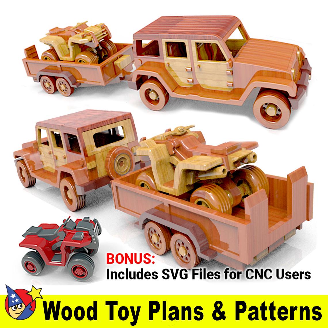 Jeep Grand Wrangler + Trailer and 4-Wheeler Wood Toy Plans & Patterns (2 PDF Downloads + SVG Files for CNC)