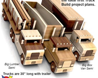 May include: Three wooden toy truck models with trailers. The trucks are 30 inches long and feature different cargo loads: lumber, coal, and a box. The trucks are made of wood and have a natural wood finish. The text "These Beauties are the ideal first Truck Build project plans." is displayed above the trucks. The text "Trucks are 30" long with trailer" is displayed below the trucks. The text "Wood Toy Plans & Patterns" is displayed at the bottom of the image.