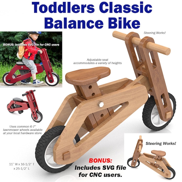 Toddlers Classic Balance Bike Wood Toy Plans & Patterns (PDF Download + SVG File for CNC)