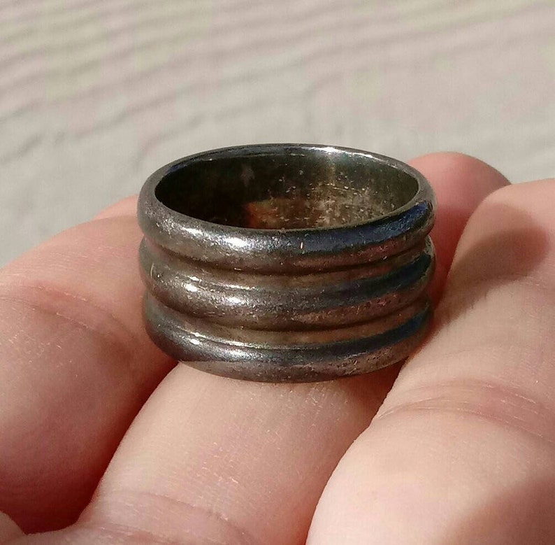 11mm Vintage 5 Tier Heavy Patina MFA Hallmarked Sterling Silver Cigar Ring Band Size 8 14