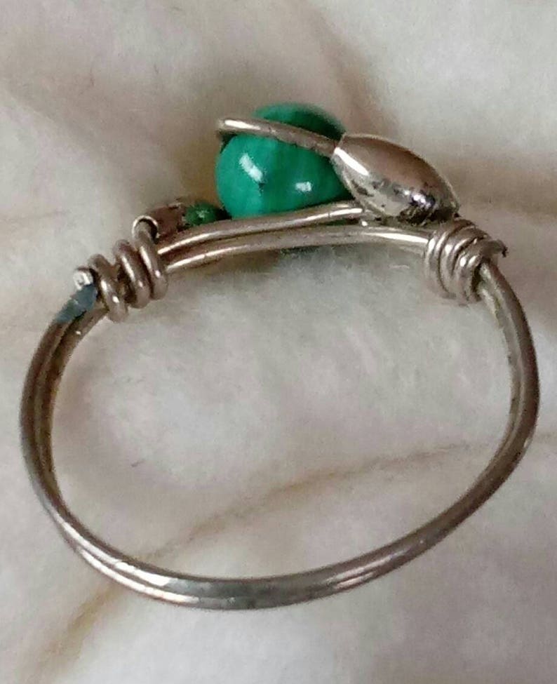 6mm Malachite Bead Wire Wrap Vintage Sterling Silver Ring Size 8
