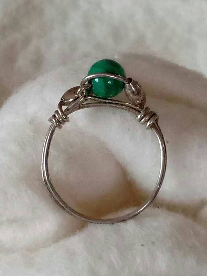 6mm Malachite Bead Wire Wrap Vintage Sterling Silver Ring Size 8