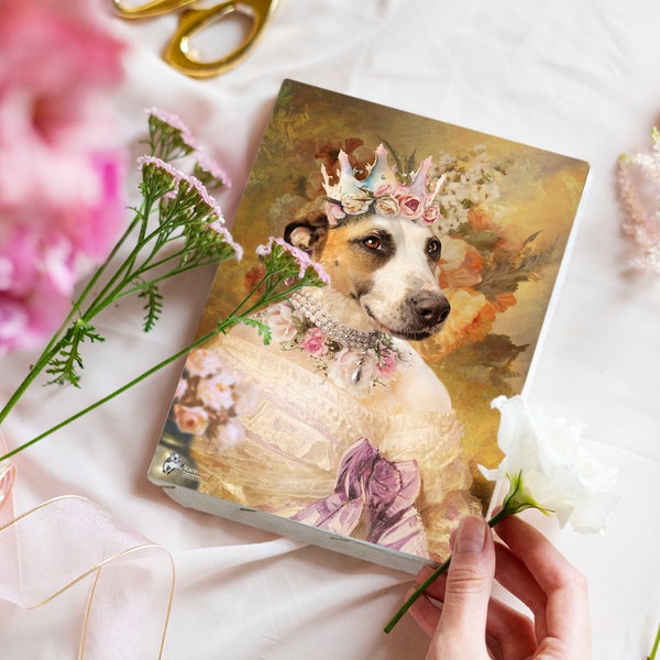 Chien princesse royale | Portrait d’animal de compagnie personnalisé à la mode aristocrate, portrait de chien de style peinture à l’huile, chien en robe | Cadeau de chien personnalisé, amoureux des animaux de compagnie