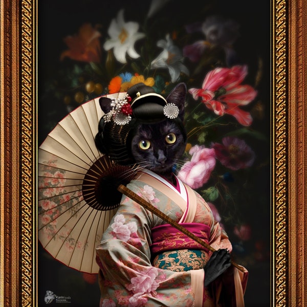 Japanese Geisha dog painting | Pet Portrait Geisha   | Custom Dog Gift, amazing gift Ideas for Pet Lover | unique pet gift | kimono dog art