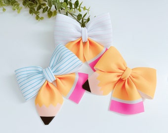 Back to School Bows, Pencil Bows, Baby Bow Headband, Fabric Bow Clips, Baby Girl Bow Clips, Nylon Bows, Baby Bow Clip, Kids Bow Clips