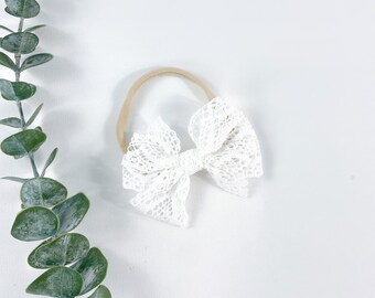 Lace Bow Baby, Nylon Bow Headband, Baby Girl Bows and Headbands, Newborn Girl Bow, Baby Shower Girl Gift, White Lace Bow Headband