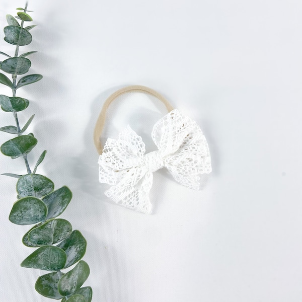 Lace Bow Baby, Nylon Bow Headband, Baby Girl Bows and Headbands, Newborn Girl Bow, Baby Shower Girl Gift, White Lace Bow Headband