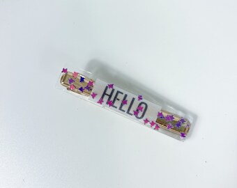 Hello Hair Clip | Barrettes and Clips | Hair Accessory | Personalized and Custom Hair Clips for Gifts | Birthday Gifts | Glitter Hair Clip