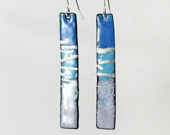Enamel on Copper Dangle Earrings with Mixed Colours and Silver Details