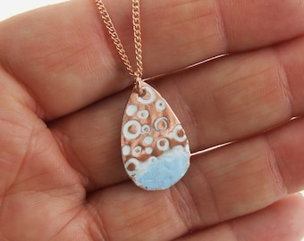 Handmade Textured Copper Teardrop Pendant: Blue & White Enamel