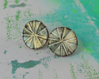 Handmade Copper Enamel Studs: Textured with Gold Shimmer Earrings