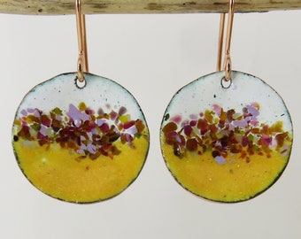 Handmade Copper Enamel Dangle Earrings: Marigold, White, and Glass