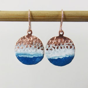 Copper Enamel Earrings Handmade Enamel and Flower Textured Copper Dangle Earrings with White and Turquoise Enamel