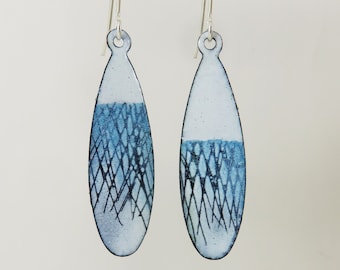 Copper Enamel Earrings Handmade Copper and Enamel Drop Dangle Earrings with Hand Drawn Detail and Colour Washes