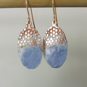 Handmade Copper Enamel Dangle Earrings: Textured Oval Design