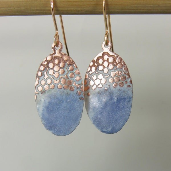 Copper Enamel Earrings Handmade Oval Enamel and Textured Copper Dangle Earrings