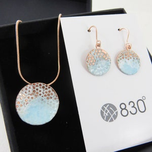 Enamel and copper matching earrings and pendant jewellery set