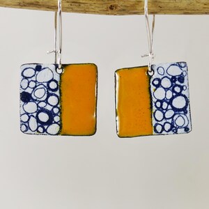 Handmade Copper Enamel Dangle Earrings: Navy, White & Orange
