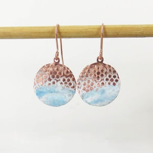 Handmade Copper Enamel Earrings: Textured Dangle Earrings, Rose Gold Hooks