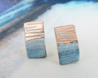 Copper Enamel Earrings Handmade Copper and enamel line textured rectangle studs