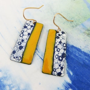 Handmade Copper Enamel Dangle Earrings: Navy, White & Orange