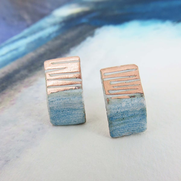 Copper Enamel Earrings Handmade Copper and enamel line textured rectangle studs