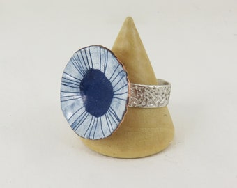 Blue and White Hand Drawn Vitreous Enamel Round Ring with Textured  Open Silver Wide Band