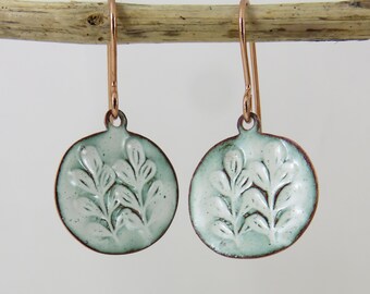 Copper Enamel Earrings Handmade Organic Shaped Enamel on Copper Leaf textured Drop Dangle Earrings