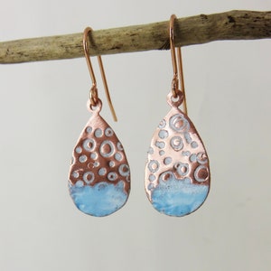 Copper Enamel Earrings Handmade Teardrop Shaped Enamel and Textured Copper Dangle Earrings