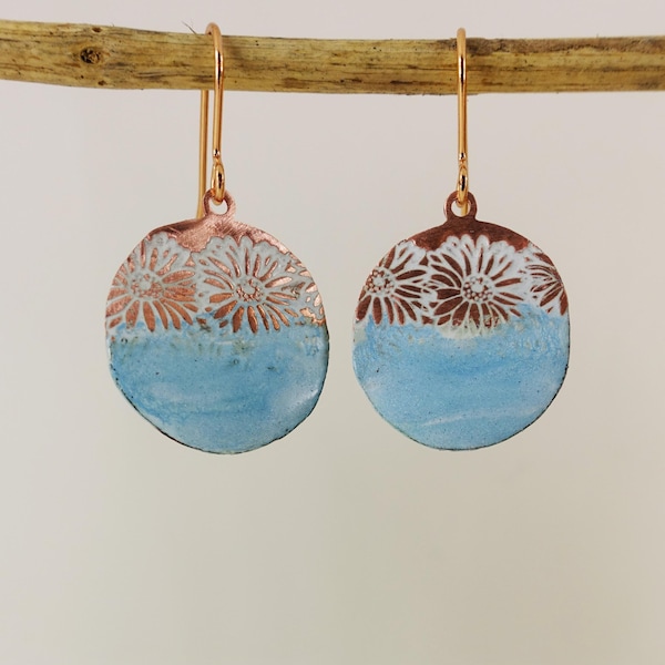 Handmade Copper Enamel Earrings: Flower Texture Dangle Earrings