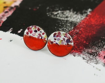 Handmade Copper Enamel Stud Earrings: Confetti Glass, Red