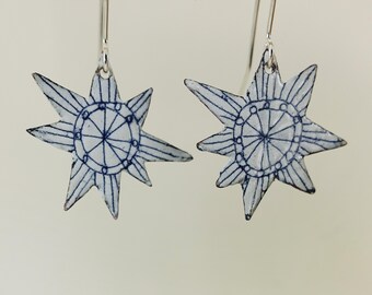 Copper Enamel Handmade Star Shaped Dangle Earrings with Hand Drawn Detail