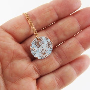 Enamel Pendant Handmade Flower Textured Stamped Copper Small Disc with Blue and White Enamel