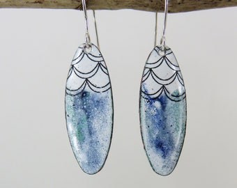 Copper Enamel Earrings Handmade Blue Green and White Enamel Dangle Copper Earrings with Scallop Design