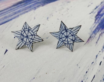 Copper Enamel Earrings Handmade Star Shaped Studs with Hand Drawn Pattern