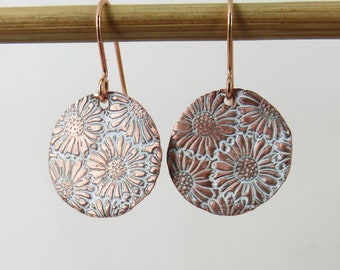 Copper Enamel Earrings Handmade Enamel and Daisy Textured Copper Dangle Earrings