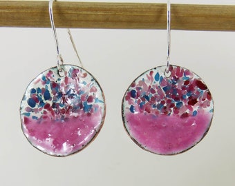 Unique Enamel on Copper Textured Dangle Earrings in Pink, Turquoise and White with Colourful Glass Sprinkles