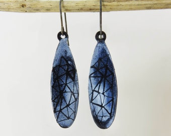 Copper Enamel Earrings Handmade Copper and Enamel Drop Dangle Earrings with Hand Drawn Pattern