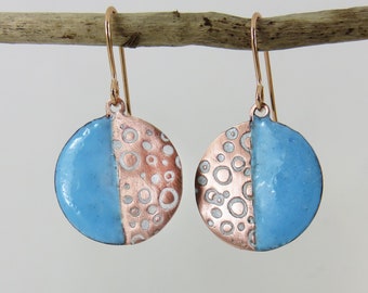 Copper Enamel Earrings Handmade Round Enamel and Textured Copper Dangle Earrings