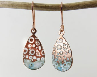 Teardrop Shaped Enamel and Textured Copper Dangle Earrings