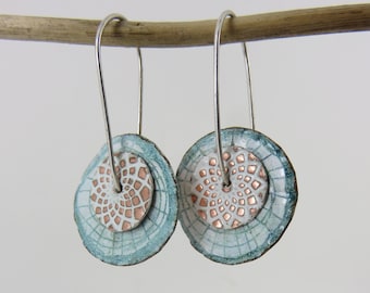 Double Copper Disc with Enamel and Textured Pattern on Silver Wires