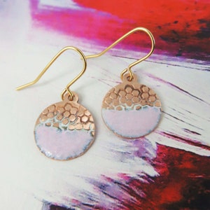 Copper Enamel Earrings Handmade Enamel and Textured Copper Dangle Earrings with Pink Enamel