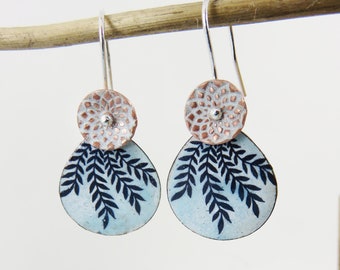 Copper Enamel Earrings Handmade Two part enamel and copper dangles with texture and leaf design.